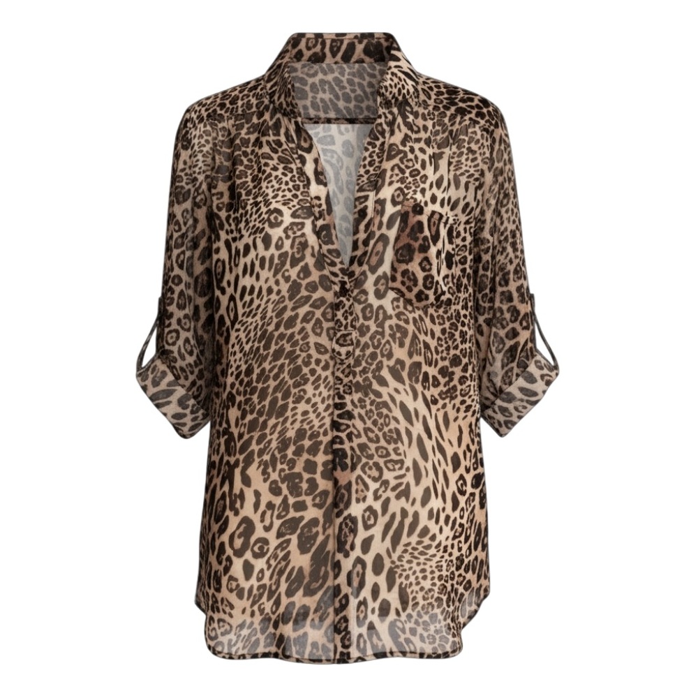 Xtaren Leopard Print Sheer Chiffon Roll Tab Sleeve Tunic Blouse - Picture 2 of 15
